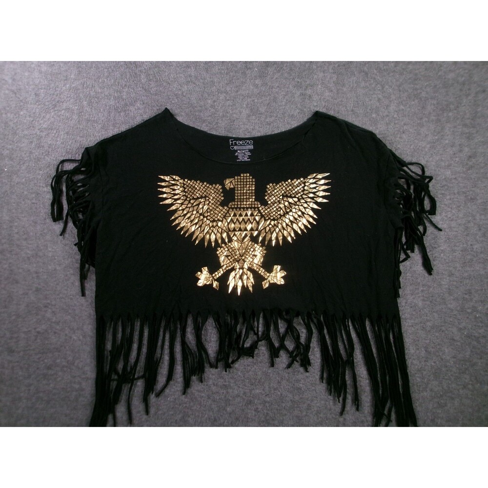 Freeze Top Women XL Black Fringe Gold Eagle Azteck Casual Summer Y2K